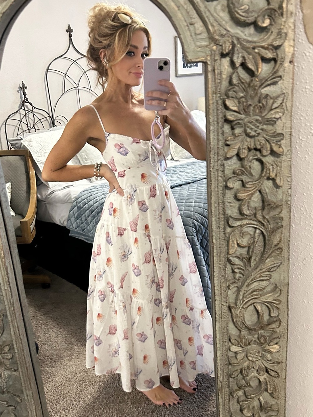White Tiered Sundress with Pink & Purple Seashell Print